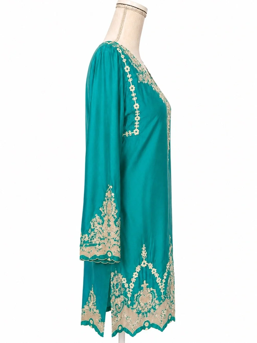 Sea Green 100% Silk Tunic Beige Embroidered Boho Resort Top Medium